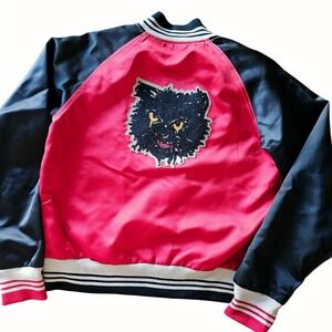 Vtg Style Levi's Satin Bomber Jacket Red Black Crying Cat Embroidered Back Small